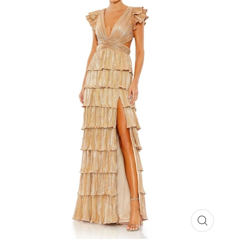 Mac Duggal Gold Ruffle Maxi Dress Size 8 Metallic Pleated Slit Gown NWT - Picture 1 of 11